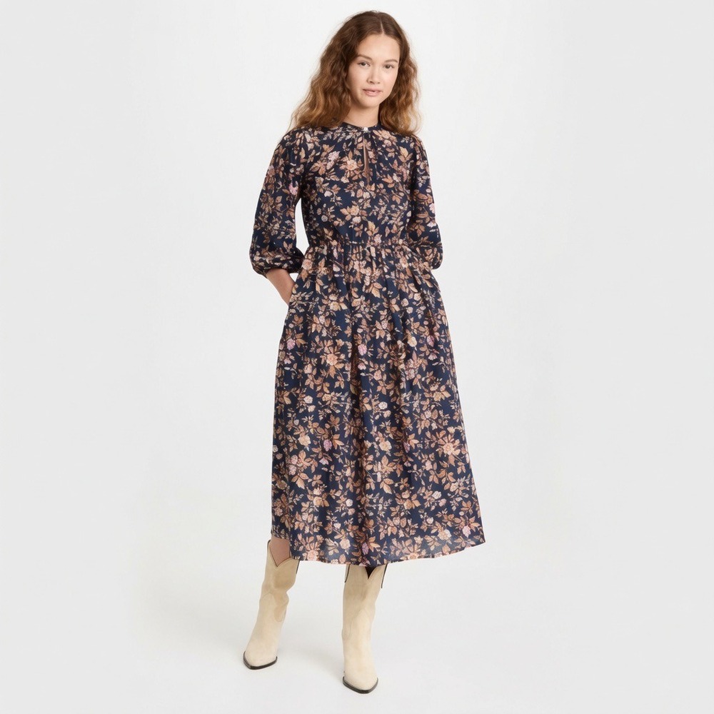 Mille Celeste Dress Womens Medium Blue Floral Cotton Midi Long Sleeve Boho